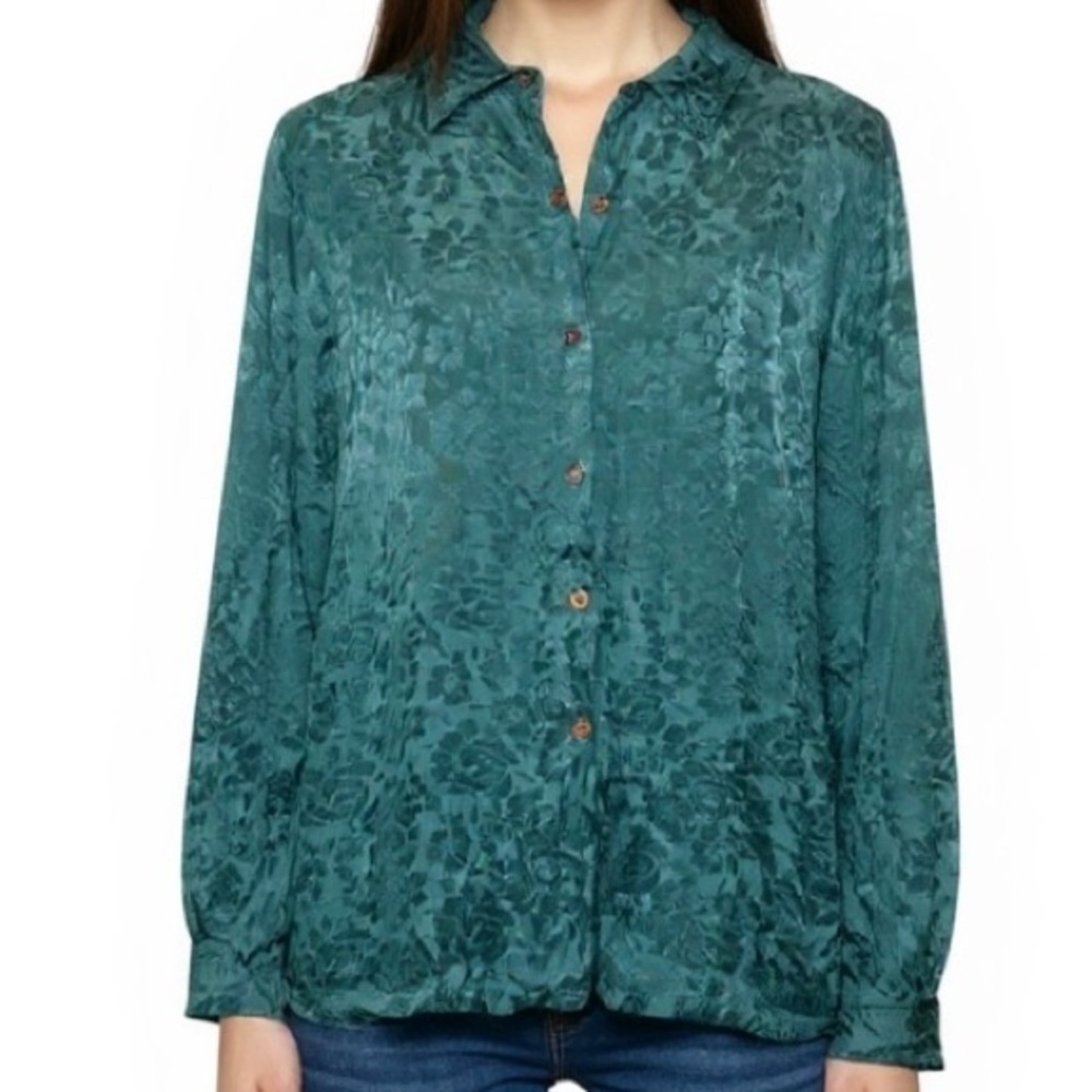 * Vintage * J.R. Bentley Green Floral Button Down Blouse Size Large
